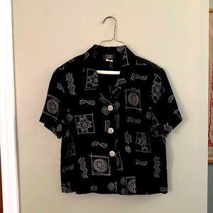 LAST CHANCE Vintage 1990s Teddi Black Abstract Open Back Blouse Short Top